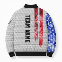 Custom Golf Ball and Clubs Bomber Puffer Jacket with American Flag Smoke Effect and Hexagon Pattern - Wonder Print Shop