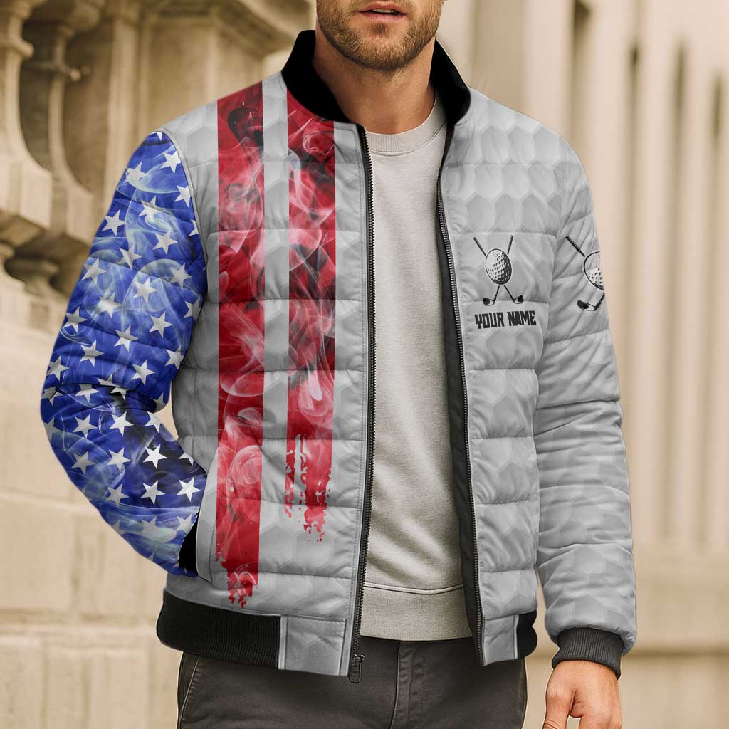 Custom Golf Ball and Clubs Bomber Puffer Jacket with American Flag Smoke Effect and Hexagon Pattern - Wonder Print Shop