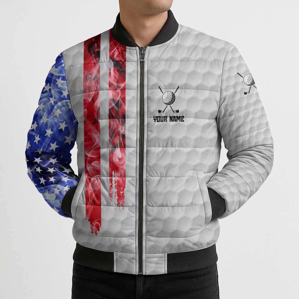 Custom Golf Ball and Clubs Bomber Puffer Jacket with American Flag Smoke Effect and Hexagon Pattern - Wonder Print Shop