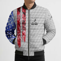 Custom Golf Ball and Clubs Bomber Puffer Jacket with American Flag Smoke Effect and Hexagon Pattern - Wonder Print Shop