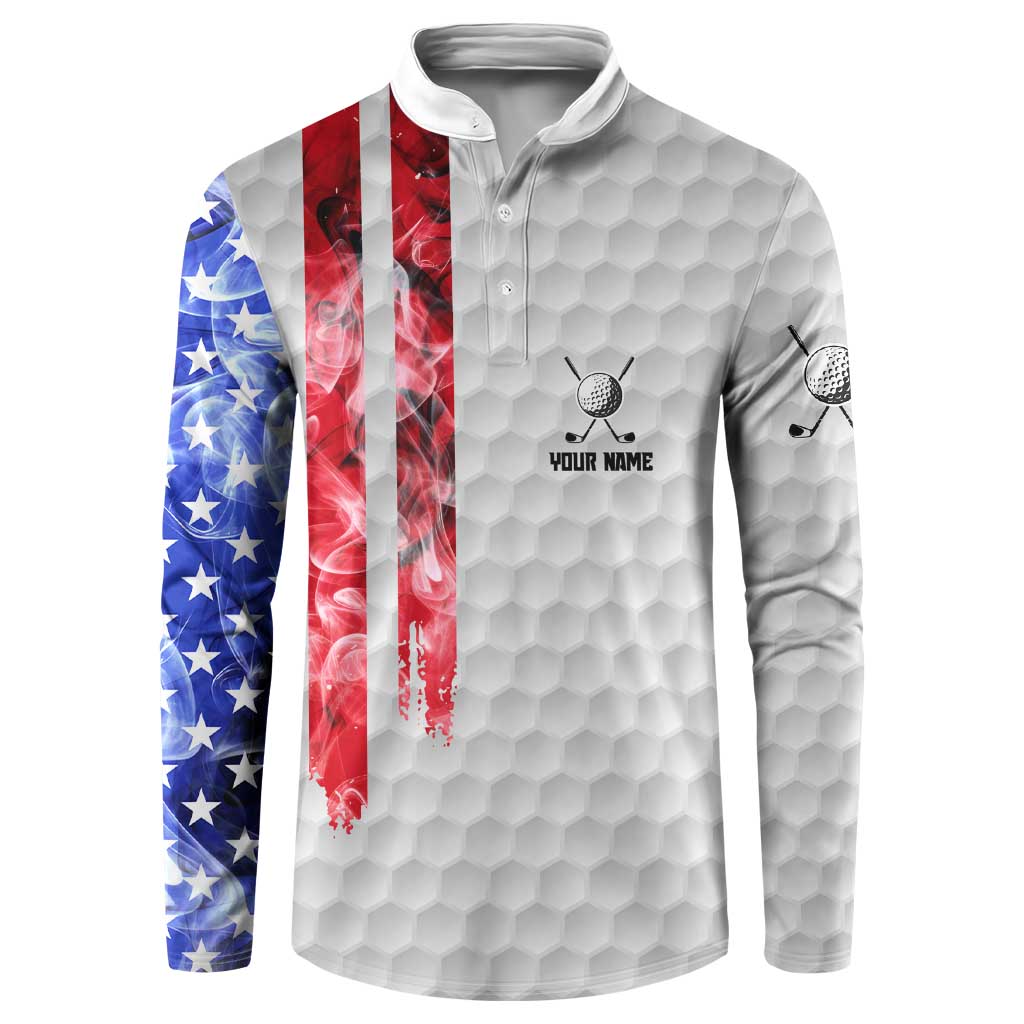 Custom Golf Ball and Clubs Button Sweatshirt with American Flag Smoke Effect and Hexagon Pattern - Wonder Print Shop