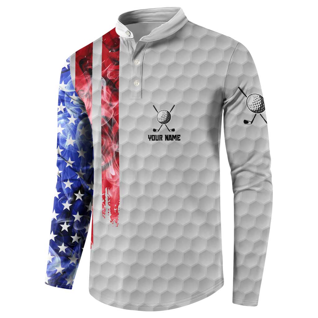 Custom Golf Ball and Clubs Button Sweatshirt with American Flag Smoke Effect and Hexagon Pattern - Wonder Print Shop