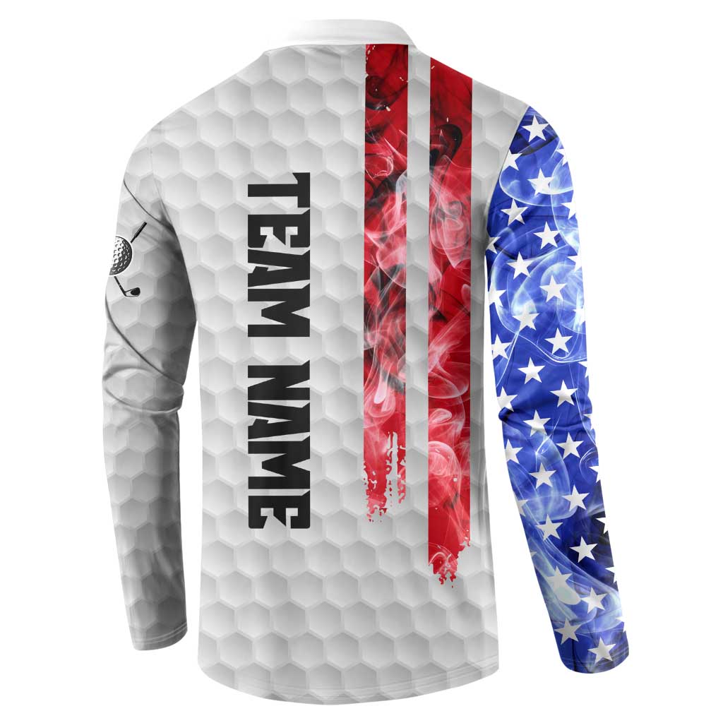 Custom Golf Ball and Clubs Button Sweatshirt with American Flag Smoke Effect and Hexagon Pattern - Wonder Print Shop