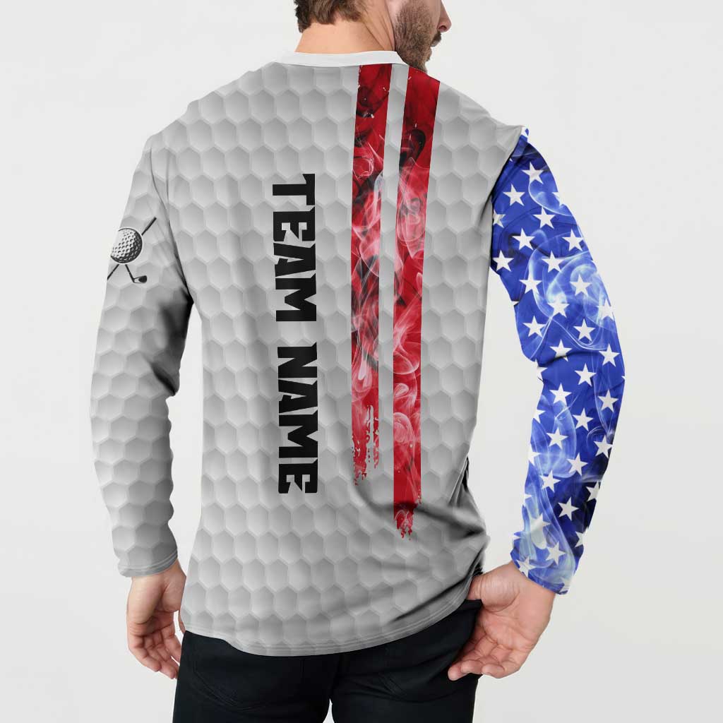 Custom Golf Ball and Clubs Button Sweatshirt with American Flag Smoke Effect and Hexagon Pattern - Wonder Print Shop