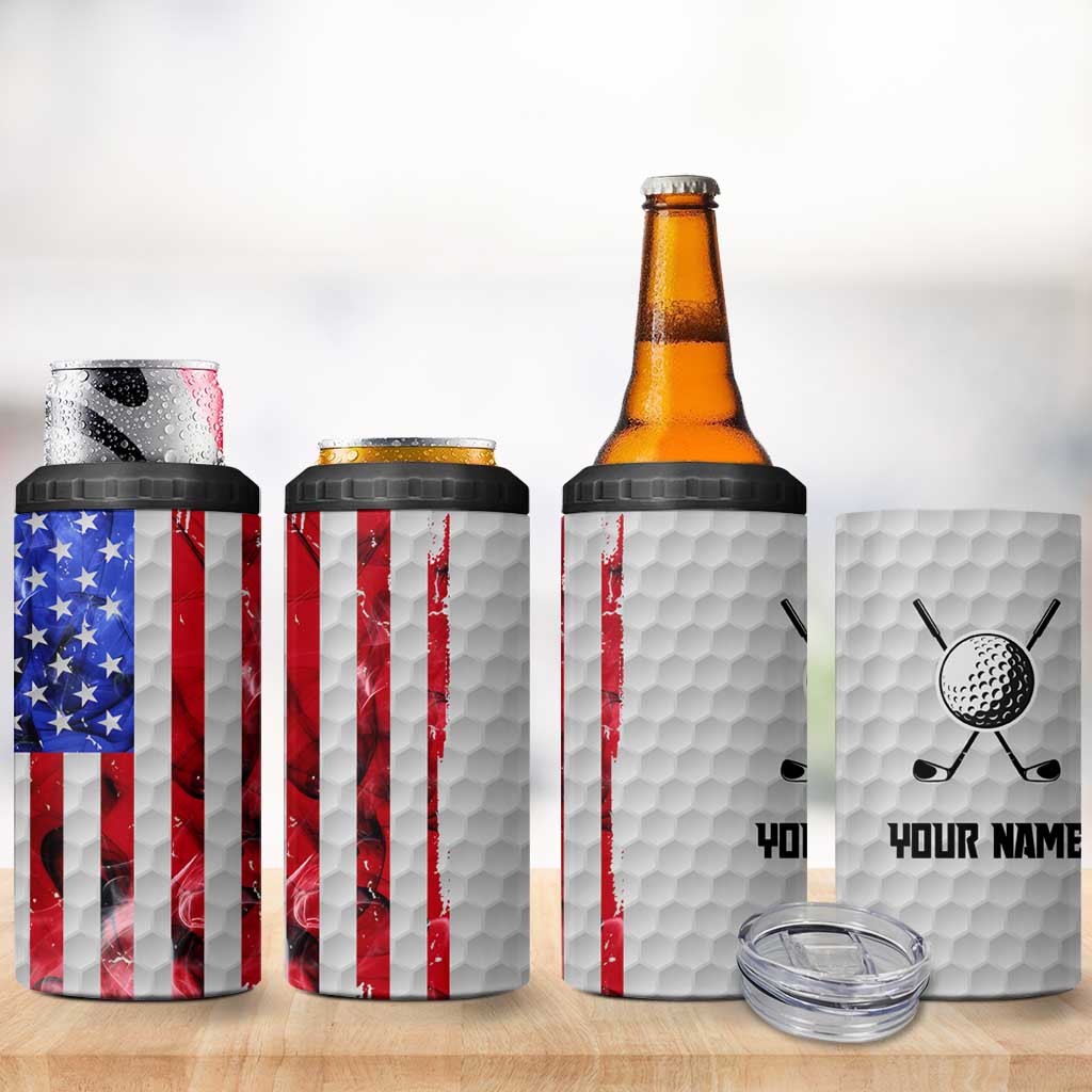 Custom Golf Ball and Clubs 4 in 1 Can Cooler Tumbler with American Flag Smoke Effect and Hexagon Pattern - Wonder Print Shop