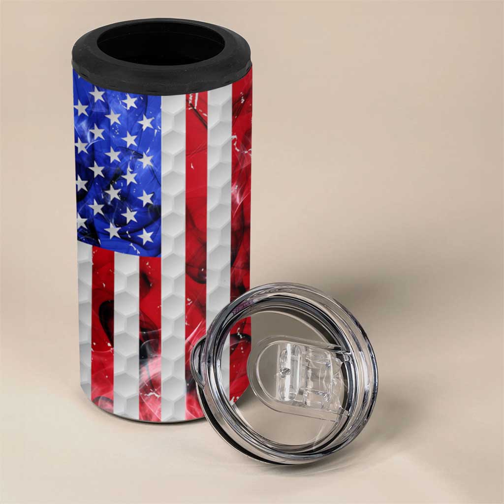 Custom Golf Ball and Clubs 4 in 1 Can Cooler Tumbler with American Flag Smoke Effect and Hexagon Pattern - Wonder Print Shop