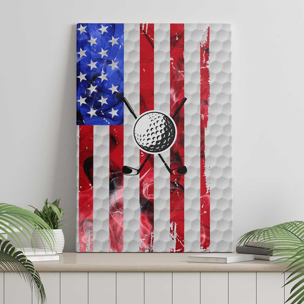 Golf Ball and Clubs Canvas Wall Art with American Flag Smoke Effect and Hexagon Pattern - Wonder Print Shop