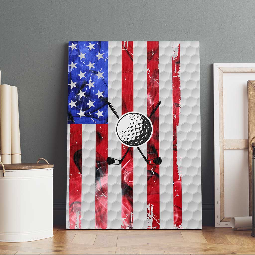 Golf Ball and Clubs Canvas Wall Art with American Flag Smoke Effect and Hexagon Pattern - Wonder Print Shop