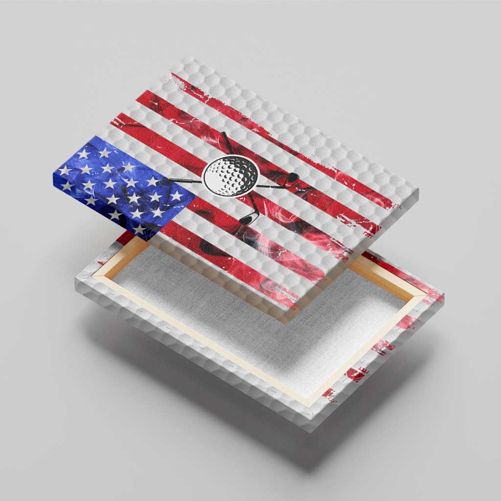 Golf Ball and Clubs Canvas Wall Art with American Flag Smoke Effect and Hexagon Pattern - Wonder Print Shop