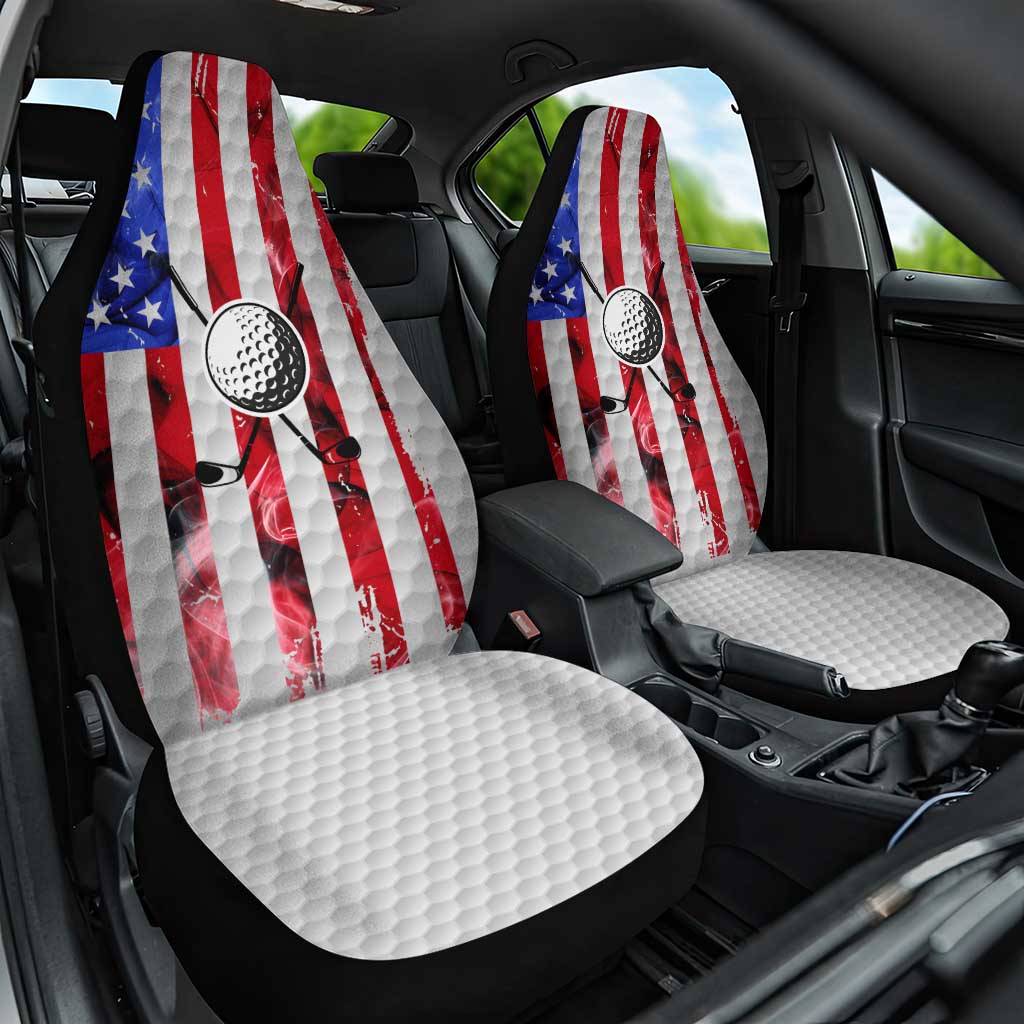 Golf Ball and Clubs Car Seat Cover with American Flag Smoke Effect and Hexagon Pattern - Wonder Print Shop