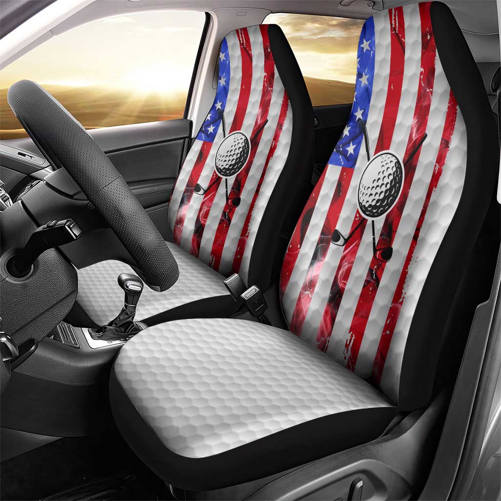 Golf Ball and Clubs Car Seat Cover with American Flag Smoke Effect and Hexagon Pattern - Wonder Print Shop