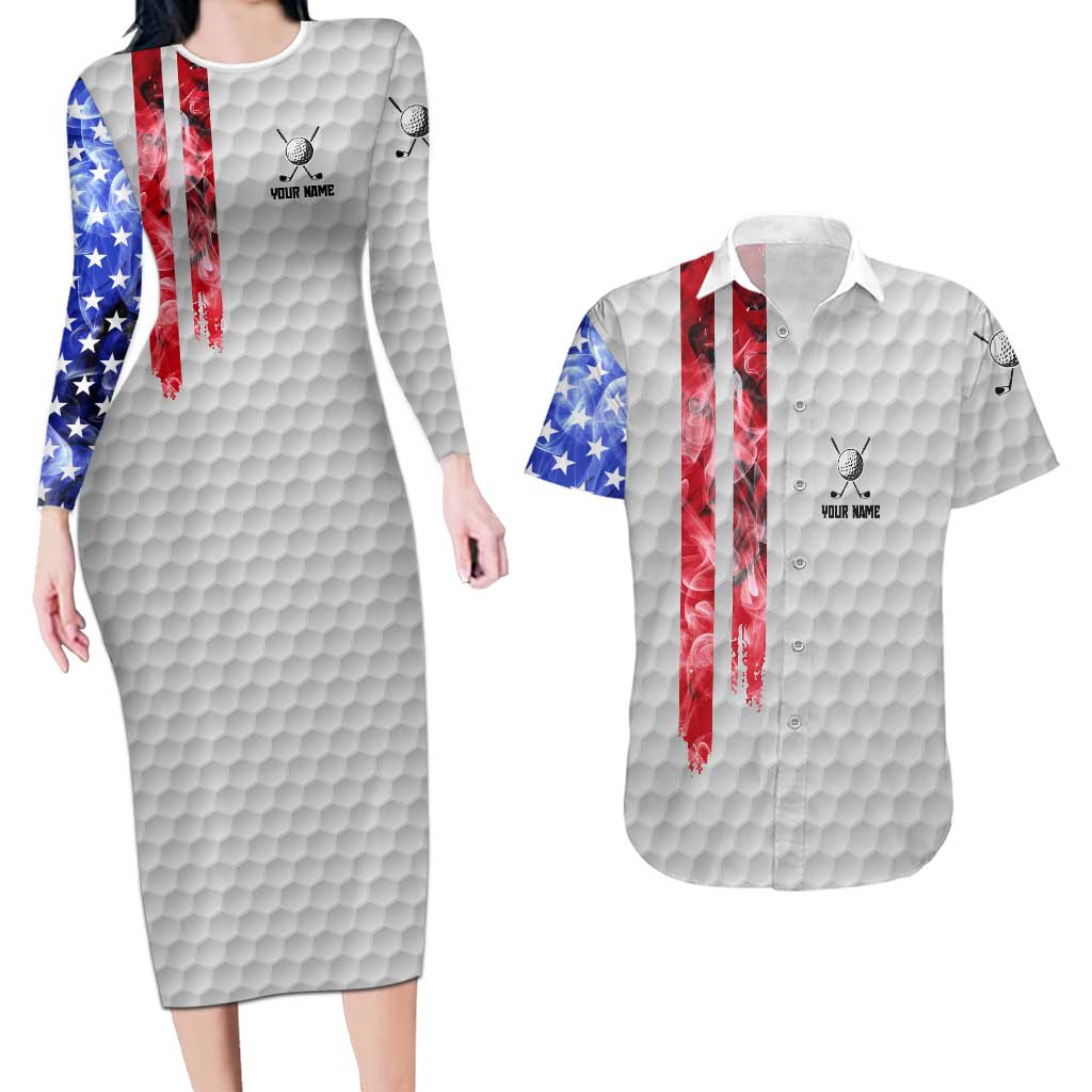Custom Golf Ball and Clubs Couples Matching Long Sleeve Bodycon Dress and Hawaiian Shirt with American Flag Smoke Effect and Hexagon Pattern - Wonder Print Shop
