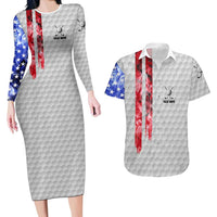 Custom Golf Ball and Clubs Couples Matching Long Sleeve Bodycon Dress and Hawaiian Shirt with American Flag Smoke Effect and Hexagon Pattern - Wonder Print Shop