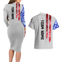 Custom Golf Ball and Clubs Couples Matching Long Sleeve Bodycon Dress and Hawaiian Shirt with American Flag Smoke Effect and Hexagon Pattern - Wonder Print Shop