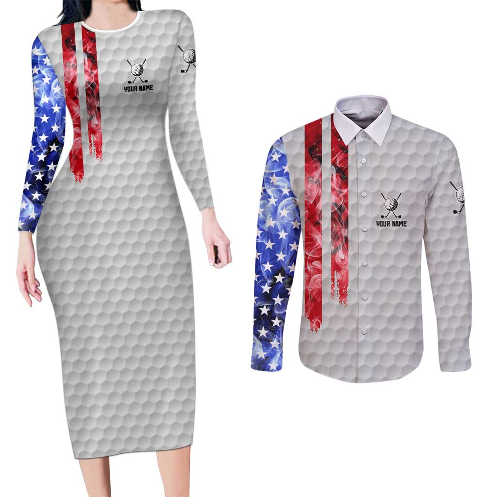 Custom Golf Ball and Clubs Couples Matching Long Sleeve Bodycon Dress and Long Sleeve Button Shirt with American Flag Smoke Effect and Hexagon Pattern - Wonder Print Shop