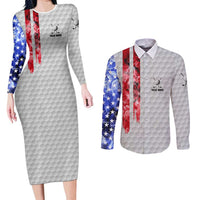Custom Golf Ball and Clubs Couples Matching Long Sleeve Bodycon Dress and Long Sleeve Button Shirt with American Flag Smoke Effect and Hexagon Pattern - Wonder Print Shop