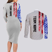 Custom Golf Ball and Clubs Couples Matching Long Sleeve Bodycon Dress and Long Sleeve Button Shirt with American Flag Smoke Effect and Hexagon Pattern - Wonder Print Shop