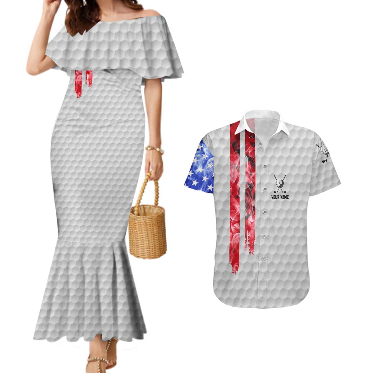 Custom Golf Ball and Clubs Couples Matching Mermaid Dress and Hawaiian Shirt with American Flag Smoke Effect and Hexagon Pattern - Wonder Print Shop