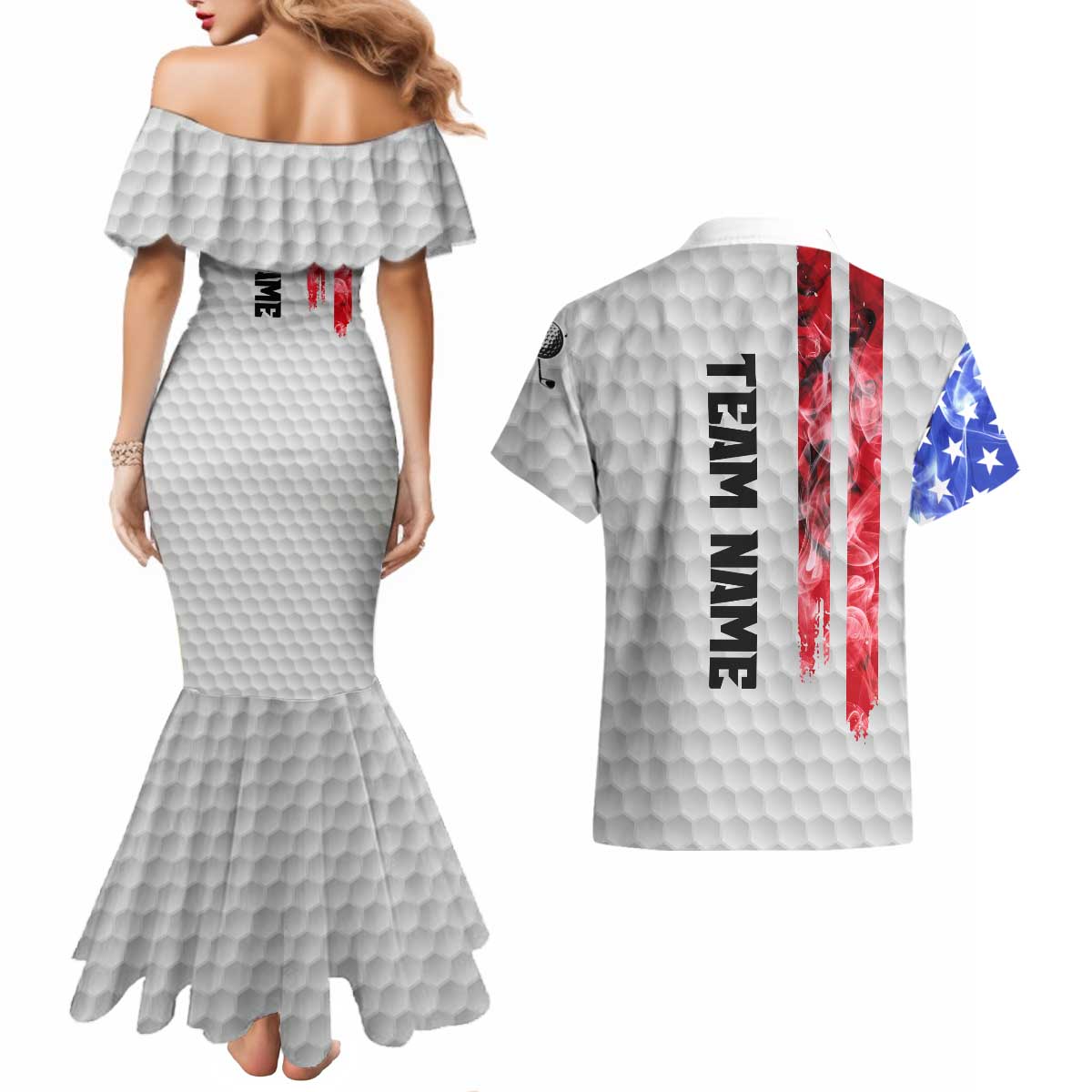 Custom Golf Ball and Clubs Couples Matching Mermaid Dress and Hawaiian Shirt with American Flag Smoke Effect and Hexagon Pattern - Wonder Print Shop