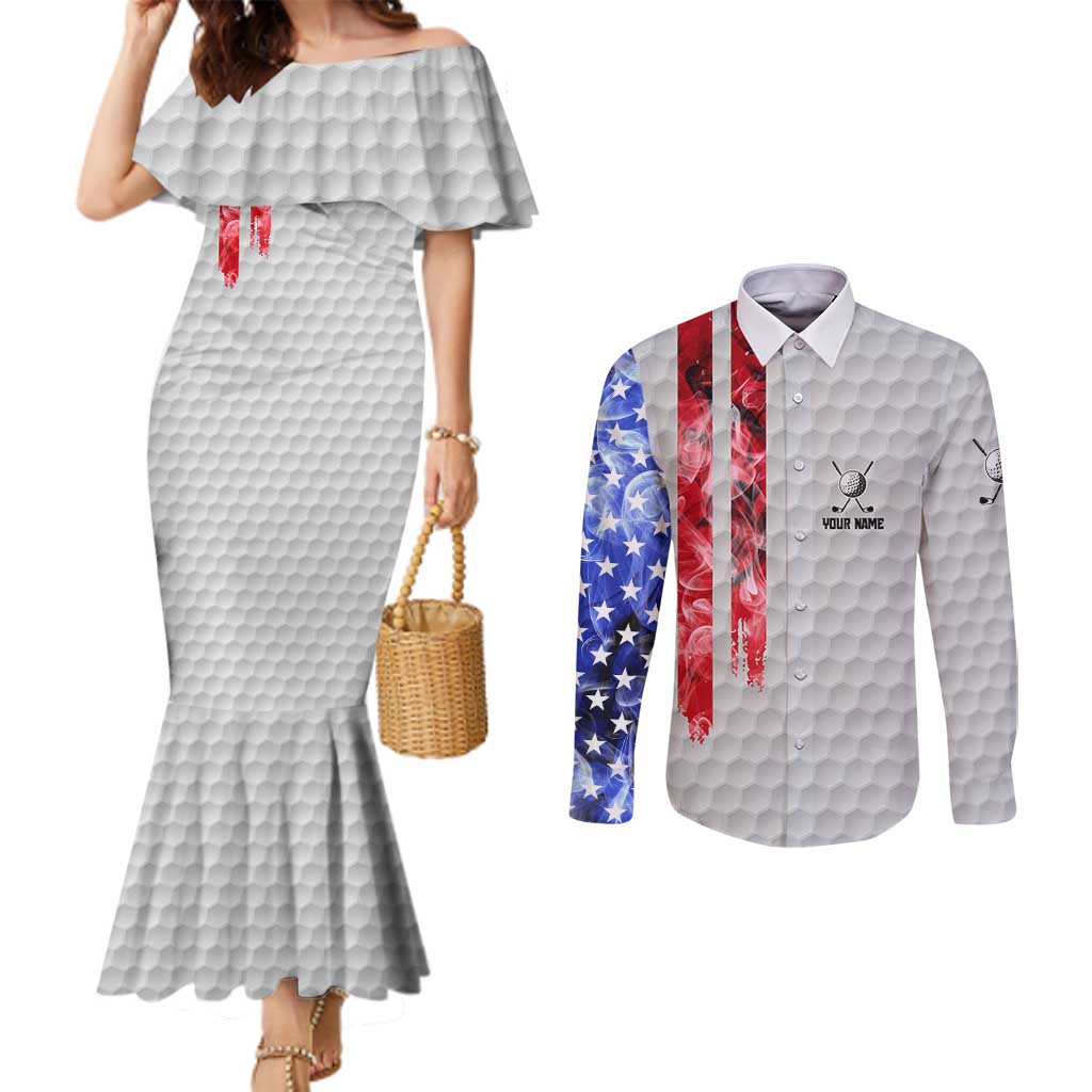 Custom Golf Ball and Clubs Couples Matching Mermaid Dress and Long Sleeve Button Shirt with American Flag Smoke Effect and Hexagon Pattern - Wonder Print Shop