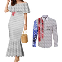 Custom Golf Ball and Clubs Couples Matching Mermaid Dress and Long Sleeve Button Shirt with American Flag Smoke Effect and Hexagon Pattern - Wonder Print Shop