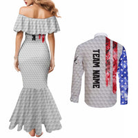 Custom Golf Ball and Clubs Couples Matching Mermaid Dress and Long Sleeve Button Shirt with American Flag Smoke Effect and Hexagon Pattern - Wonder Print Shop