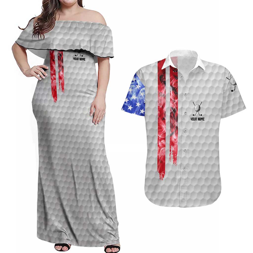Custom Golf Ball and Clubs Couples Matching Off Shoulder Maxi Dress and Hawaiian Shirt with American Flag Smoke Effect and Hexagon Pattern - Wonder Print Shop
