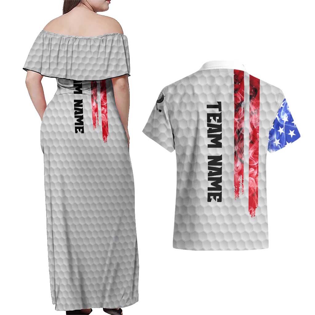 Custom Golf Ball and Clubs Couples Matching Off Shoulder Maxi Dress and Hawaiian Shirt with American Flag Smoke Effect and Hexagon Pattern - Wonder Print Shop