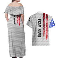 Custom Golf Ball and Clubs Couples Matching Off Shoulder Maxi Dress and Hawaiian Shirt with American Flag Smoke Effect and Hexagon Pattern - Wonder Print Shop