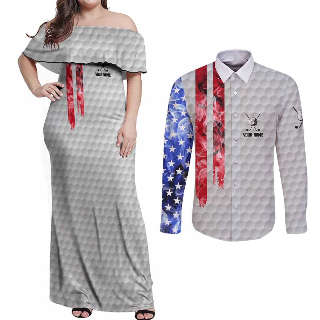 Custom Golf Ball and Clubs Couples Matching Off Shoulder Maxi Dress and Long Sleeve Button Shirt with American Flag Smoke Effect and Hexagon Pattern - Wonder Print Shop