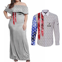 Custom Golf Ball and Clubs Couples Matching Off Shoulder Maxi Dress and Long Sleeve Button Shirt with American Flag Smoke Effect and Hexagon Pattern - Wonder Print Shop