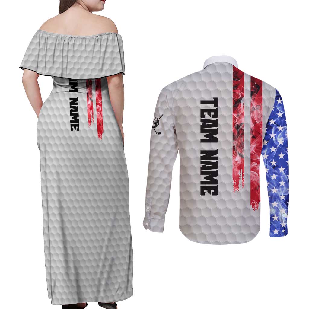 Custom Golf Ball and Clubs Couples Matching Off Shoulder Maxi Dress and Long Sleeve Button Shirt with American Flag Smoke Effect and Hexagon Pattern - Wonder Print Shop