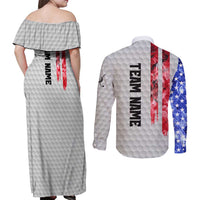Custom Golf Ball and Clubs Couples Matching Off Shoulder Maxi Dress and Long Sleeve Button Shirt with American Flag Smoke Effect and Hexagon Pattern - Wonder Print Shop