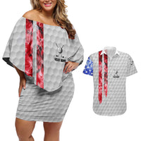 Custom Golf Ball and Clubs Couples Matching Off Shoulder Short Dress and Hawaiian Shirt with American Flag Smoke Effect and Hexagon Pattern - Wonder Print Shop