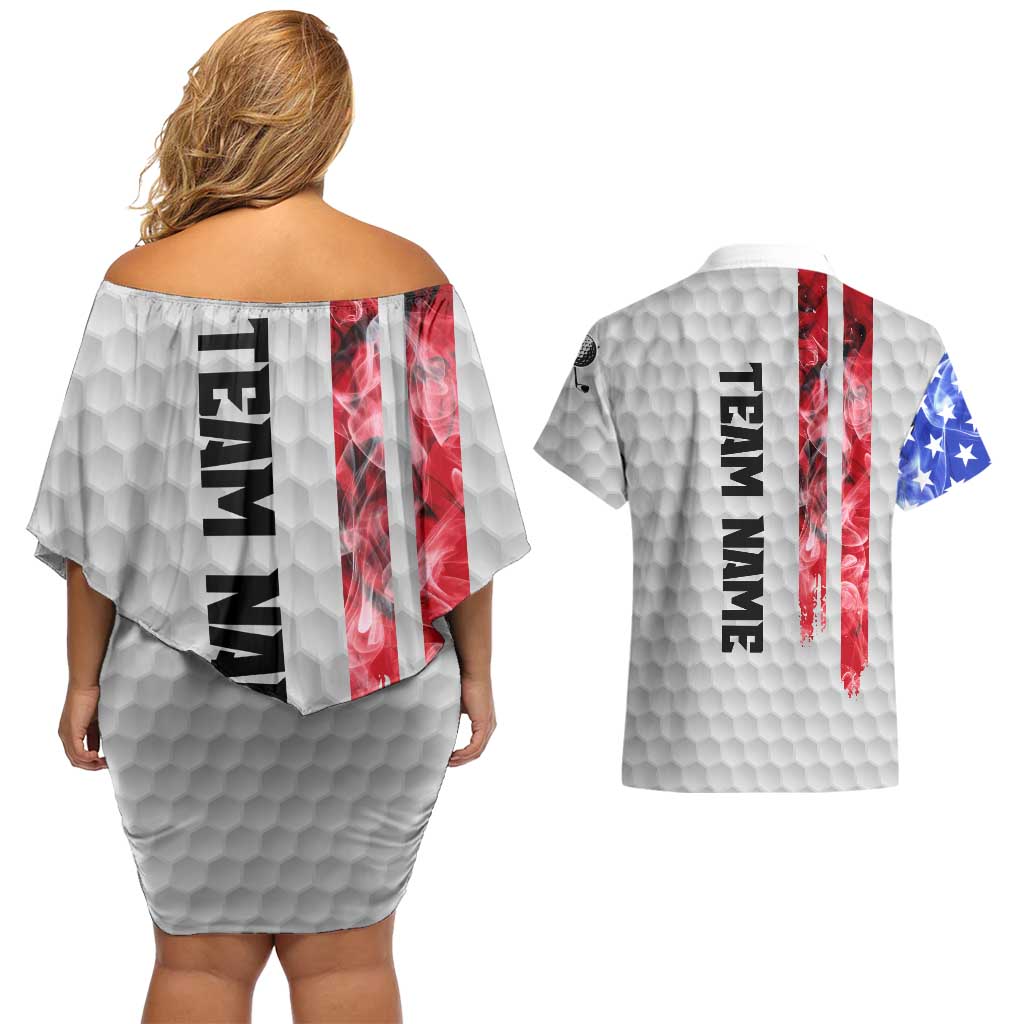 Custom Golf Ball and Clubs Couples Matching Off Shoulder Short Dress and Hawaiian Shirt with American Flag Smoke Effect and Hexagon Pattern - Wonder Print Shop