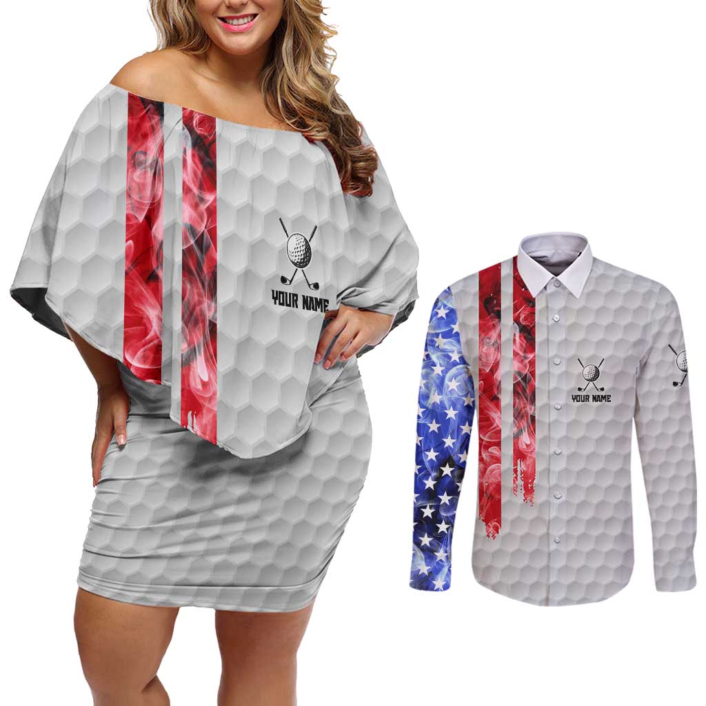Custom Golf Ball and Clubs Couples Matching Off Shoulder Short Dress and Long Sleeve Button Shirt with American Flag Smoke Effect and Hexagon Pattern - Wonder Print Shop