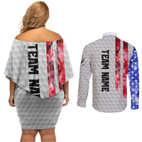 Custom Golf Ball and Clubs Couples Matching Off Shoulder Short Dress and Long Sleeve Button Shirt with American Flag Smoke Effect and Hexagon Pattern - Wonder Print Shop