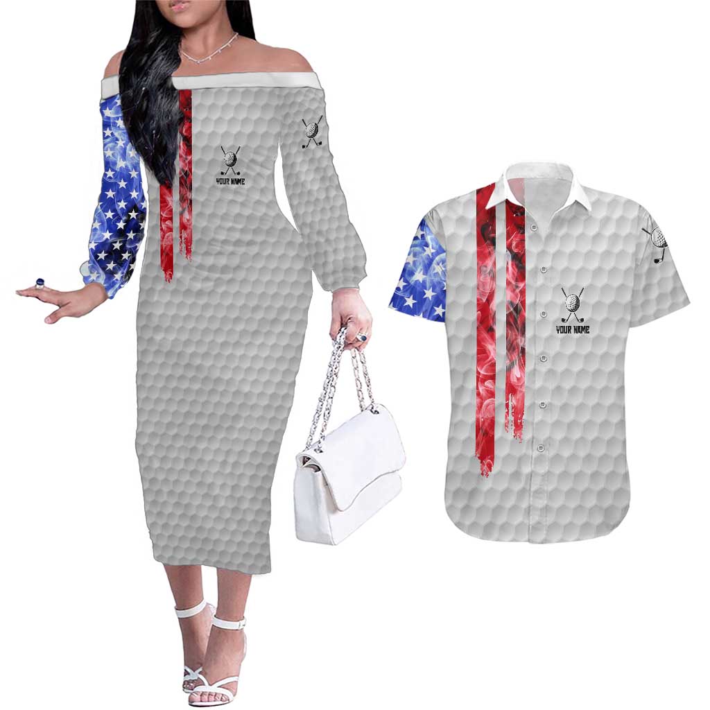 Custom Golf Ball and Clubs Couples Matching Off The Shoulder Long Sleeve Dress and Hawaiian Shirt with American Flag Smoke Effect and Hexagon Pattern - Wonder Print Shop