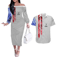 Custom Golf Ball and Clubs Couples Matching Off The Shoulder Long Sleeve Dress and Hawaiian Shirt with American Flag Smoke Effect and Hexagon Pattern - Wonder Print Shop