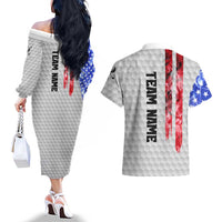 Custom Golf Ball and Clubs Couples Matching Off The Shoulder Long Sleeve Dress and Hawaiian Shirt with American Flag Smoke Effect and Hexagon Pattern - Wonder Print Shop