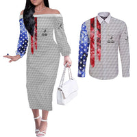 Custom Golf Ball and Clubs Couples Matching Off The Shoulder Long Sleeve Dress and Long Sleeve Button Shirt with American Flag Smoke Effect and Hexagon Pattern - Wonder Print Shop