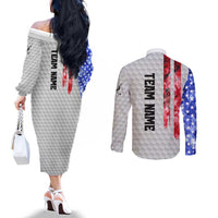 Custom Golf Ball and Clubs Couples Matching Off The Shoulder Long Sleeve Dress and Long Sleeve Button Shirt with American Flag Smoke Effect and Hexagon Pattern - Wonder Print Shop