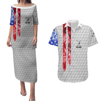 Custom Golf Ball and Clubs Couples Matching Puletasi and Hawaiian Shirt with American Flag Smoke Effect and Hexagon Pattern - Wonder Print Shop
