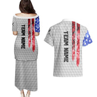 Custom Golf Ball and Clubs Couples Matching Puletasi and Hawaiian Shirt with American Flag Smoke Effect and Hexagon Pattern - Wonder Print Shop