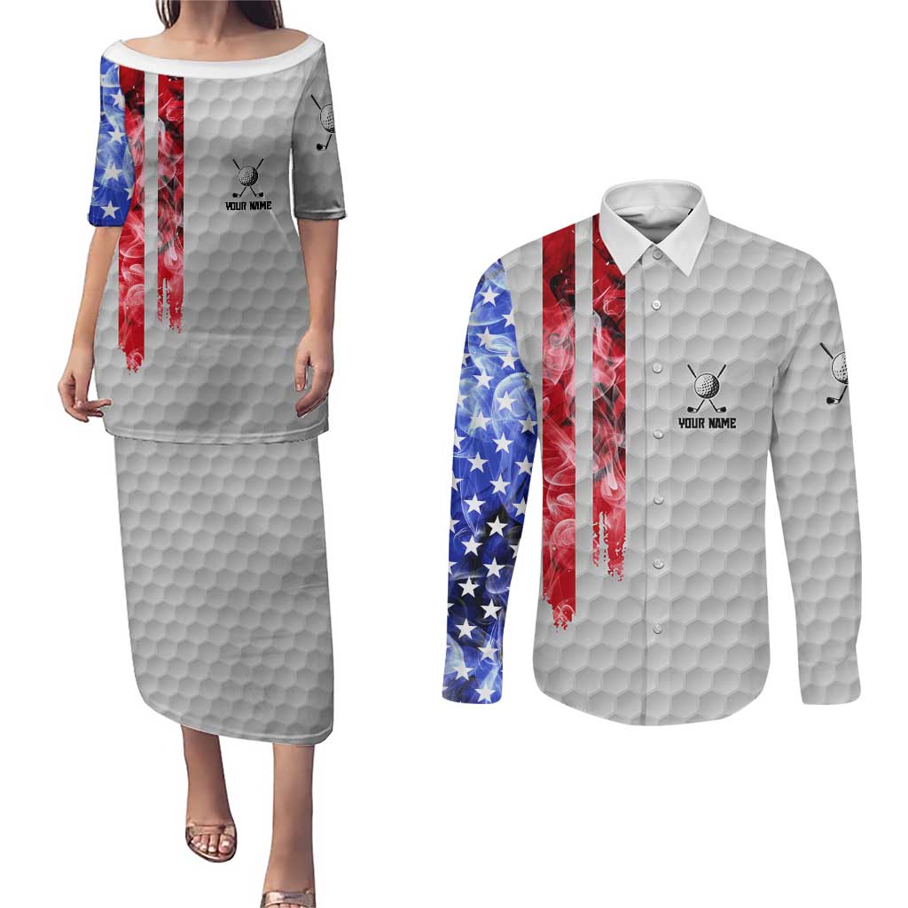 Custom Golf Ball and Clubs Couples Matching Puletasi and Long Sleeve Button Shirt with American Flag Smoke Effect and Hexagon Pattern - Wonder Print Shop
