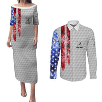 Custom Golf Ball and Clubs Couples Matching Puletasi and Long Sleeve Button Shirt with American Flag Smoke Effect and Hexagon Pattern - Wonder Print Shop