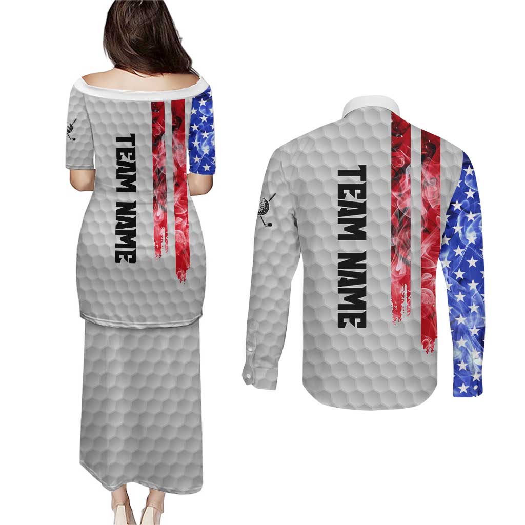 Custom Golf Ball and Clubs Couples Matching Puletasi and Long Sleeve Button Shirt with American Flag Smoke Effect and Hexagon Pattern - Wonder Print Shop