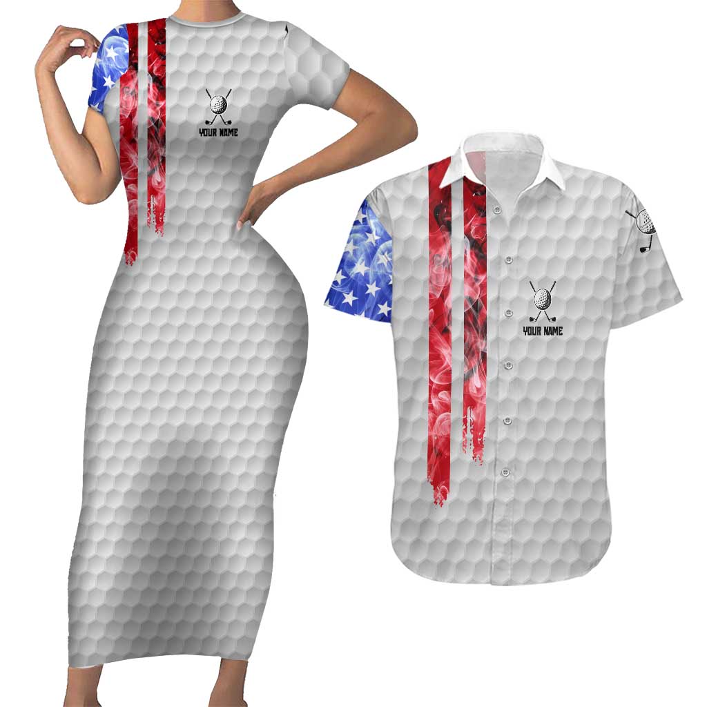Custom Golf Ball and Clubs Couples Matching Short Sleeve Bodycon Dress and Hawaiian Shirt with American Flag Smoke Effect and Hexagon Pattern - Wonder Print Shop
