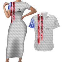 Custom Golf Ball and Clubs Couples Matching Short Sleeve Bodycon Dress and Hawaiian Shirt with American Flag Smoke Effect and Hexagon Pattern - Wonder Print Shop