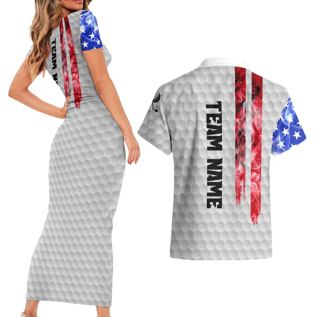 Custom Golf Ball and Clubs Couples Matching Short Sleeve Bodycon Dress and Hawaiian Shirt with American Flag Smoke Effect and Hexagon Pattern - Wonder Print Shop